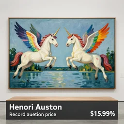 Two flying unicorns with rainbow wings flying over a lake, artwork by Henri Rousseau. Modern art museum new york. Record auction price.