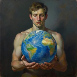 a painting of a man holding a globe in his hands, a surrealist painting by Szymon Kot, deviantart, metaphysical painting, oil on canvas, surrealist, dystopian art,