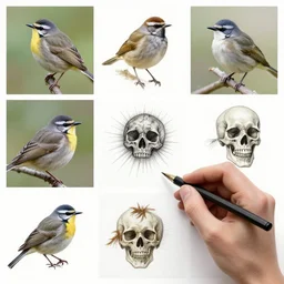 montage of style sheets, 🐦 💀, hand drawn, macro photograph by naturalists