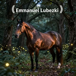 beautiful horse in the forest evening natural light, fireflies, by Emmanuel Lubezki