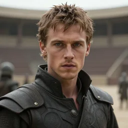 bald ominous brooding Austin Butler as Feyd-Rautha Harkonnen fighting in an arena, clear gaze, detailed eyes