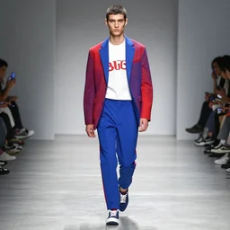 fashion by Hugo Boss incorporating red white and blue, brutalist fashion show, studio lighting