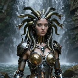 photorealistic portrait of a steampunk gorgon medusa with borg implants and mechanical snakes coming out of her head. She is standing under a waterfall. very detailed, 8k