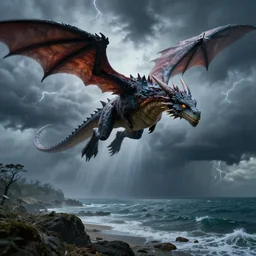 falcor flying through the air looking for atreyu, looking down at the shoreline in a epic thunderstorm the luck dragon from the movie the neverending story. cinematic matte eighties hdri upscale