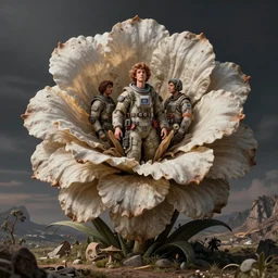 grotesque flower made from space citizen, by rutkowski and giuseppe arcimboldo, james jean and erik jones and rhads, ultradetailed, photorealistic details, full frame, colossal scale, trending artstation