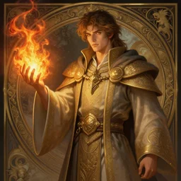 young summoner with a fire elemental, fantasy, man, thick robes, intricate, elegant, highly detailed, digital painting, artstation, concept art, wallpaper, smooth, sharp focus, illustration, art by artgerm and greg rutkowski and alphonse mucha
