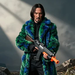 John wick in a green and blue fur suit wielding a nerf gun