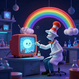 3D Dr. Suess environment in a blacklight laboratory with a scientist experimenting with box TVs and rainbows. beautiful lighting. highly detailed digital art. trending on Behance.