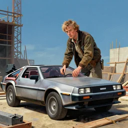 doc brown, christopher lloyd working construction, building a delorean, back to the future, in the style of erik johansson