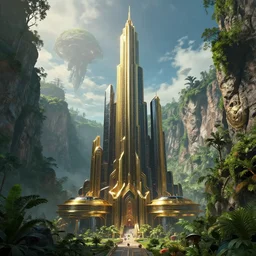 an elegant towering retro futurism city made of obsidian and brass built into canyon walls on a lush alien world by robert mccall and john berkey | ralph mcquarrie :. 5 | unreal engine :. 3