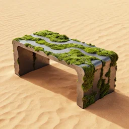 table made of rectangle tetris, made of wave steel and moss, octane render, trending on artstation, on hard desert sand floor