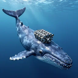 digital art of a small v 8 engine on the rectangular head of a massive cachalot whale, eight - cylinder piston diesel engine in the head of a huge cachalot in the ocean, smooth body and tail of a cachalot whale, full - body, wide angle, longer shot, in the style of cyberpunk, fantastic