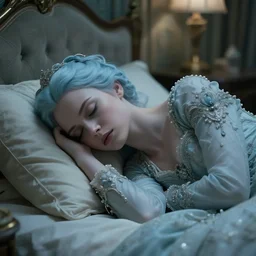 cinestill 5 0 d photography of a dystopian beautiful woma britt marling style by annie liebovitz, sleeping in a art deco bedroom in a dystopian house, pale blu tonal matt hair in baroque style, dress are intricate ornamental dress, elegant, highly detailed, soft blur, artstation, sharp focus, head in focus,