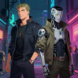 two cyberpunk businessmen, detailed digital illustration by greg rutkowski, cyberpunk back alley, nighttime, colorful lighting, android netrunner
