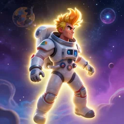 league of legends wide angle full body of man in cosmos in space suit by charles liu, don bluth, tanidareal, styled hair, profile picture, fantasy style, bright colors, starts shining, perfect angle, soft lighting, vibrant color scheme, ultra detailed, volumetric lighting, commission art, 8 k wallpaper