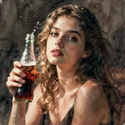beautiful young woman in soda water, in the style of irakli nadar, effervescent, warm, dark, watercolor, deep mood, hyperrealism, epic and cinematic, roger deakins on cinematography