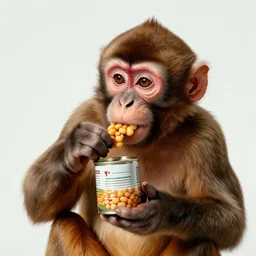 a gentleman monkey eating a tin can of beans, flash photography 1998