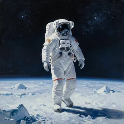 an epic painting of a futuristic astronaut walking along an airless icy planet in the endless starry night of space, unreal 5, DAZ, detailed, soft focus, brilliant, 4k, 8k, HD, trending on artstation, art by Rick Guidice painting by Robert McCall by John Harris, abstract