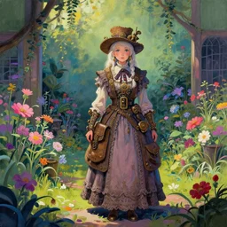 granny in steampunk vaporwave courtyard garden. complementary colors, gouache, indie concept art, bloom, chiaroscuro, backlighting, intricate details.