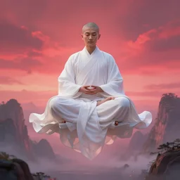 meditating powerful monk dressed in white flowing robes hovering above the ground, with mystical mountains and a red and pink sunset background, orientalist, artstation, highly detailed