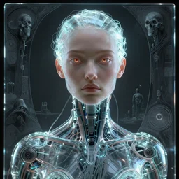 Woman's portrait, android, Masterpiece, glass, flat background, glowing, wires everywhere, by Edgar Maxence and Ross Tran, Zdzisław Beksiński, and Michael Whelan, distant, gustav dore, H.R. Giger, 8k, octane render