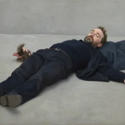bryan cranston with grown hair on top of his head and a beard laying on a smooth concrete floor oil on canvas