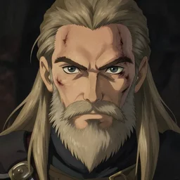geralt of rivia with long beard and intense eyes, scarred, close up, rim lighting, portrait, sinister atmospheric lighting. highly detailed painting by greg rutkowski, anime style, by studio ghibli