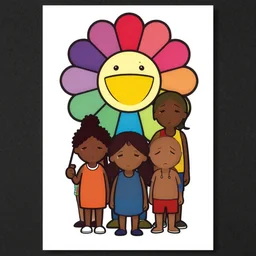 a poster design of a miserable black family by takashi murakami,