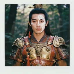 matte close - up portrait of tai smart and handsome warriors who assemble in the forest backlighting, his face is partially obscured by a white spiral paint, ethnic costume, leather and rattan and bronze armored, traditional decoration, elegant, loin cloth, highly detailed, 8 k, cinematic lighting, global illumination, ornate, super detailed, faded color polaroid, a colorized photo, colorized, # film