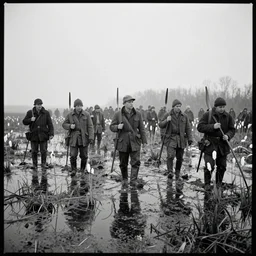 movie still by tarkovsky of a crowd of hunters in a swamp with snow and muguets, cinestill 8 0 0 t 3 5 mm b & w, heavy grain, high quality, muddy, foggy