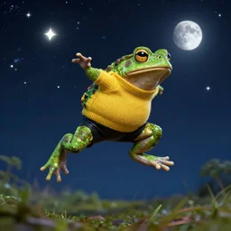 an athletic green! toad jumps to the sky to become one with the stars, wearing yellow sweater and black shorts, cosmos, moon, by mucha and caspar david friedrich, atmospheric lighting, intricate detail, cgsociety, hyperrealistic, octane render, rpg portrait, ambient light, dynamic lighting