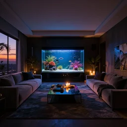 a very dark dreamy luxury modern maximalist living room, saltwater aquarium with beautiful tropical fish, candlelight, sunset glow, dark shadows, octane render, volumetric lighting, raytracing, symmetrical wide shot low angle