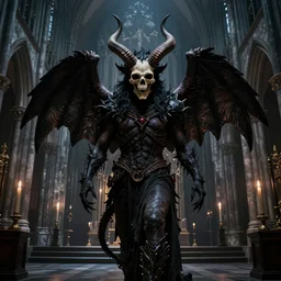 A highly detailed and realistic occult art of a demon with huge horns and a skull mask , standing in the middle of a dark gothic cathedral , art by Archangel