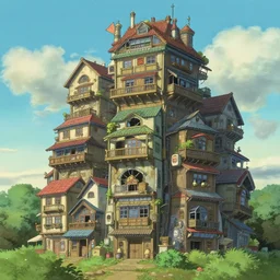 stacked houses, solarpunk, studio ghibli