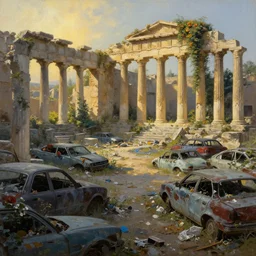 ancient greek ruins, gray wasteland, many scrap cars, trash, rubble, overgrown, pillars and arches, flowers, vines, trees, hyperrealistic, highly detailed, cinematic, single ray of golden sunlight, beautiful, cgssociety, artstation, 8 k, oil painting by greg rutkowski, by artgerm, by wlop, by simon stalenhag