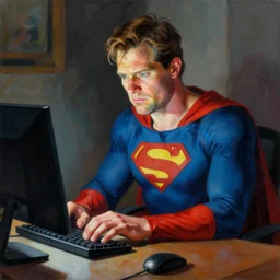 an insanely detailed painting of jeff probst wearing a superhero costume sitting at a desk, staring nervously at a computer and typing, in the style of peter mohrbacher, dramatic lighting and composition, trending on artstation, concept art, comic book