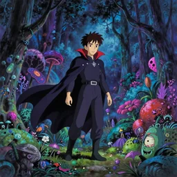 Vampire traveling through a beautiful psychedelic world, horror, illustrated by Hayao Miyazaki, trending on artstation