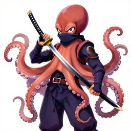 professional anime rendering of an octopus dressed as a ninja with a katana. colorful design. intricate, anime manga style, trending on art station.