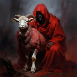 a lamb wearing heavy red robes by frank frazetta, deep crimson and dark shadows, foggy background, ambient glow, horror scene