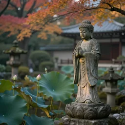 japanese garden, lotus, temple, statue, p, smoky autumn lightings, smoky atmosphere, japanese garden background, micro details, leibovitz and man ray