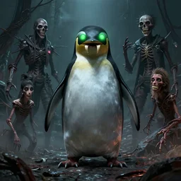 cyber penguin fallout 4,, shark teeth, glowing green eyes, humanoid body, claws, horror scene, artgerm, rutkowski, tooth wu, beeple, and intricate