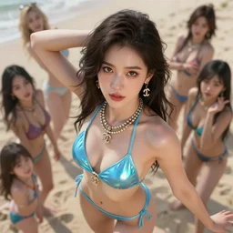 masterpiece portrait of a beautiful stunning girl, accessories, in sky blue reflective bikini, chanel jewelry, focus, beach, fantasy character portrait, dynamic pose, above view, top lighting, art by charlie bowater and wenjun lin and gil elvgren, ilya kuvshinov, mary jane ansell, cryengine, lumion render, 8 k realistic, hyper detailed, digital painting, artstation, concept art, ray tracing, realistic shaded, perfect face