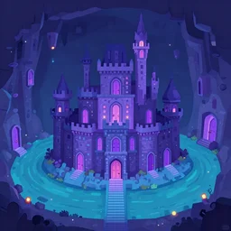 a subterranean magic castle surrounded by a moat, underground catacombs castle, digital illustration, a house of many doors art flat colors, blue and purple color scheme, pixel trickery studios game artwork,