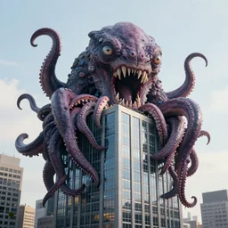 A very giant Kraken-like multi-eyed monster jumped up with its jaws on a high-rise office building and wrapped his tentacles all around him. High detail, front view, photorealism, concept art, octane render, zoom, windows, 8k