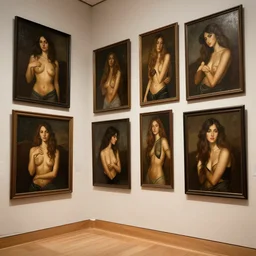 a gallery full of portrait paintings of seductive women, walls full of art, museum