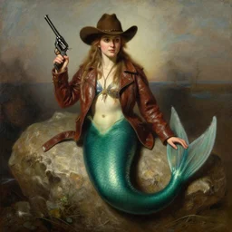 a mermaid with a cowboy hat, leather jacket and a revolver, highly detailed painting by gaston bussiere, craig mullins, j. c. leyendecker 8 k