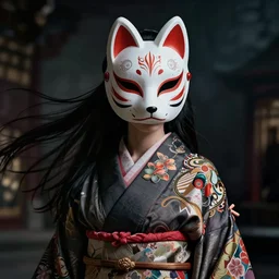 a Photorealistic dramatic fantasy render of a beautiful kate beckinsale wearing a beautiful intricately detailed Japanese Fox Kitsune mask and clasical Japanese Kimono by WLOP,Artgerm,Greg Rutkowski,Alphonse Mucha, Beautiful dynamic dramatic dark moody lighting,shadows,cinematic atmosphere,Artstation,concept design art,Octane render,8K