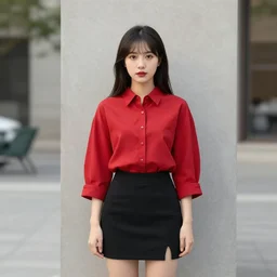 chinese canadian girl wearing a red shirt and a black skirt