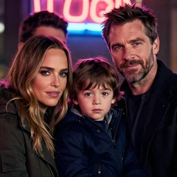 winter dslr photo, family, colin farrell with jessica alba, with a kid, neon light, detailed faces, by gaston bussiere, craig mullins, j. c. leyendecker