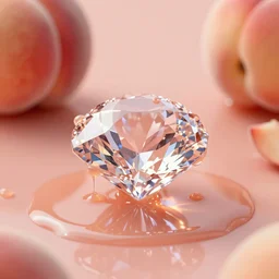 a ( peach color ) diamond on a display. peach juice just from a peach drips off the diamond and surrounds it. product lighting, digital art